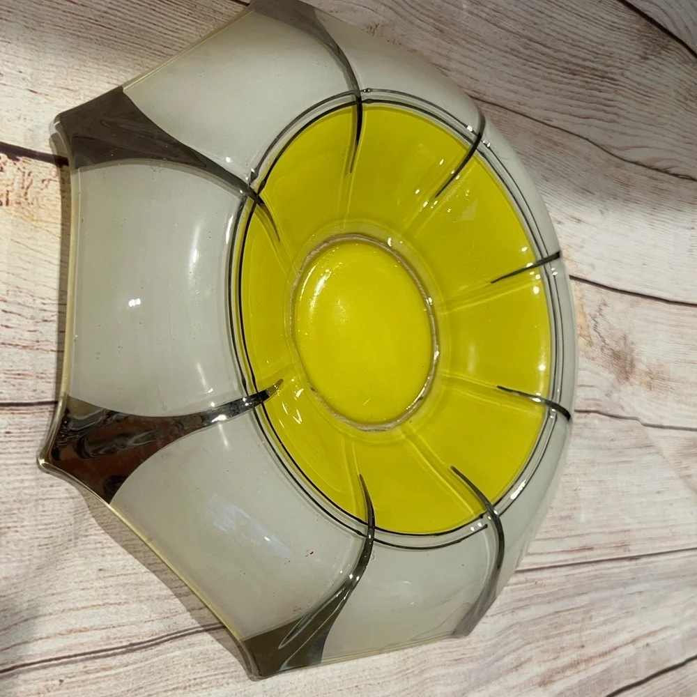 Art Deco Fired On Yellow, White and Silver Large Serving Bowl Decorative Vintage